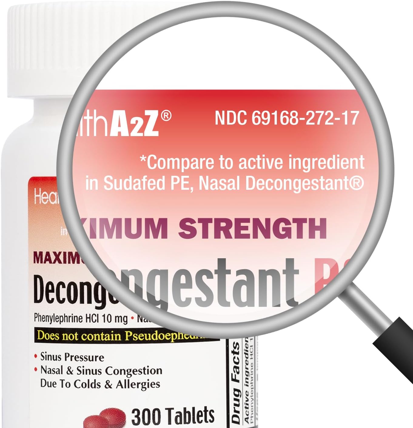 HealthA2Z® Decongestant PE | Phenylephrine HCl 10 mg | Nasal & Sinus Congestion Relief Due to Cold & Allergies (300 Count (Pack of 1)) - Image 3