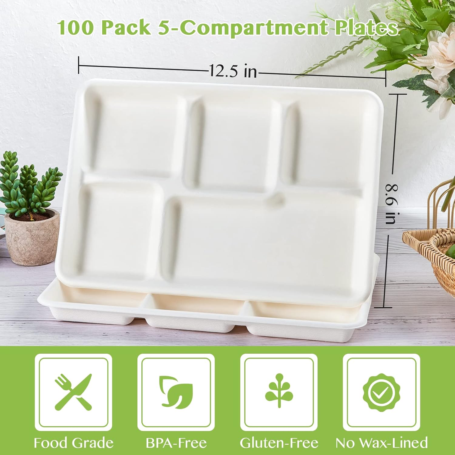 ECOLipak Compostable Disposable 5 Compartment Paper Plates, 12.5inch | Disposable 5 Compartment Paper Plates, Biodegradable Sugarcane Plates, Eco-Friendly School Lunch Trays - Image 3
