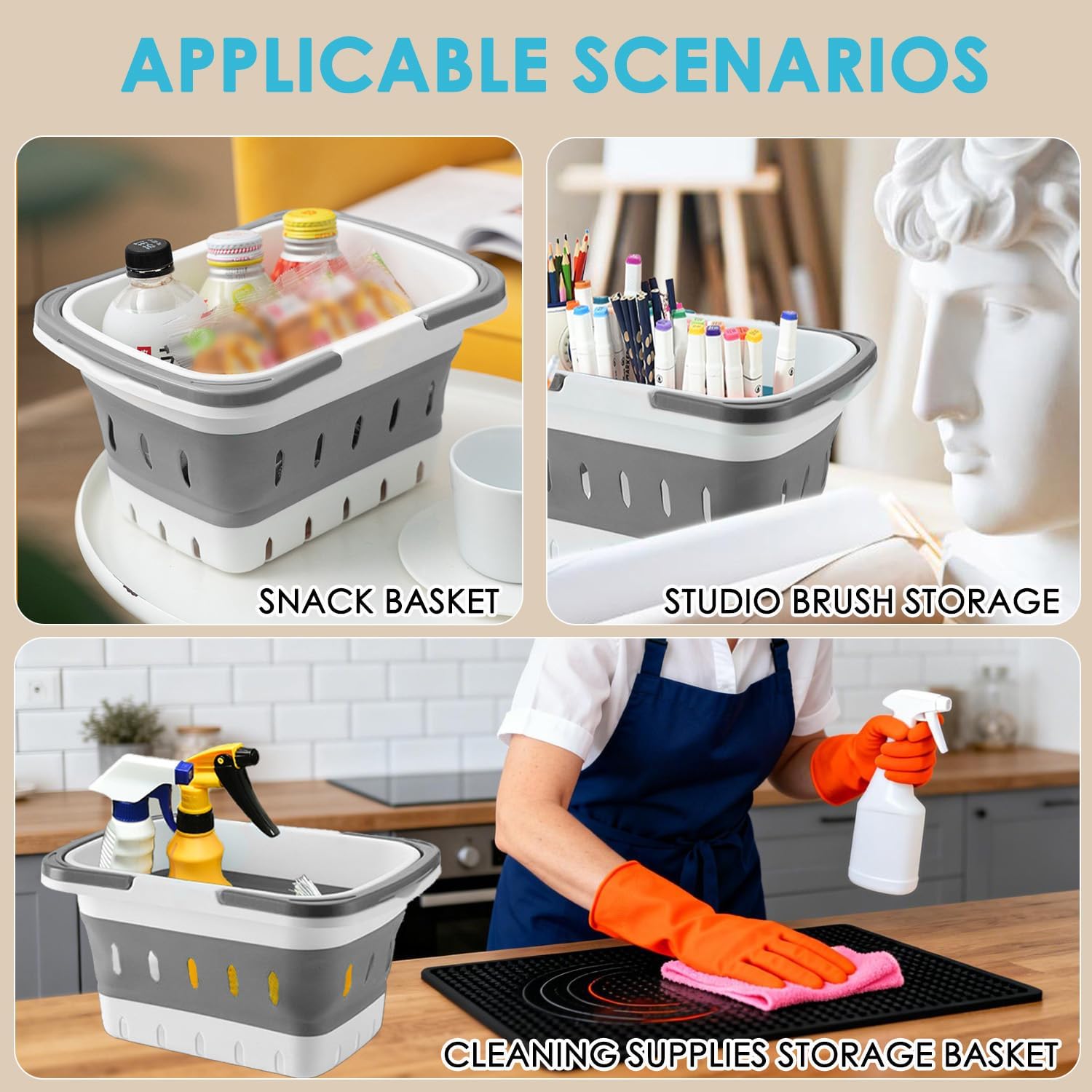 Fammart Portable Shower Caddy Tote – Collapsible Plastic Basket with Handles, Foldable Storage Organizer for Bathroom, Kitchen, College Dorm, Gym, Travel & Camping, Gray - Image 9