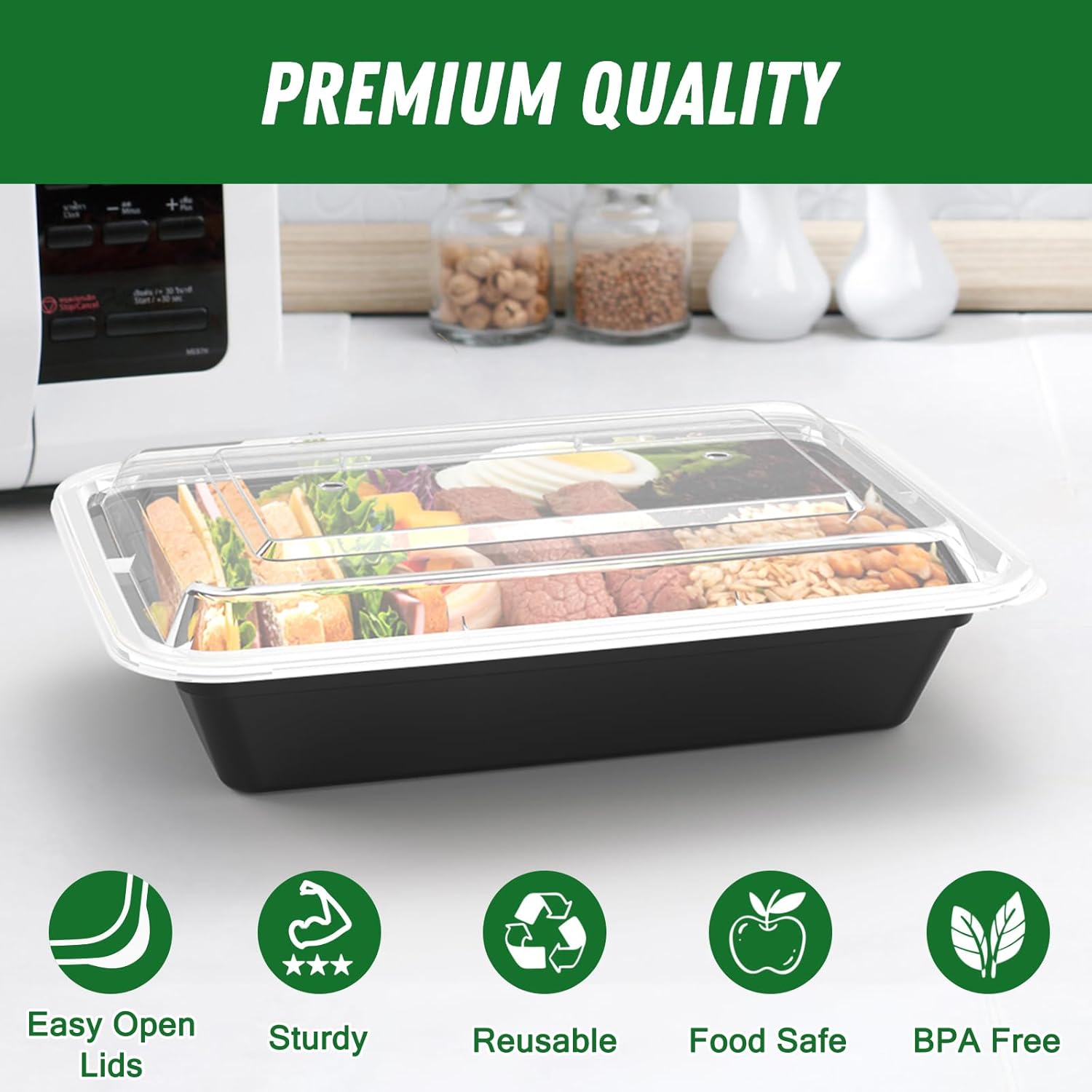 50 Pack (100-Piece) 32 oz Meal Prep Containers Reusable with Easy Open Lids, Sturdy Leakproof Food Safe, Microwave Freezer Dishwasher Safe, To Go Take Out Plastic Food Storage Pans with Lids, Black - Image 4