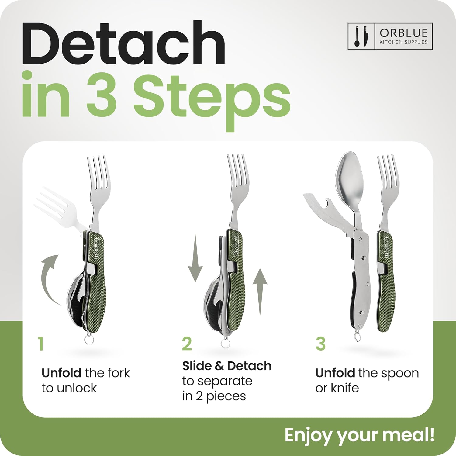 Orblue 4-in-1 Camping Utensils, 1-Pack, Portable Stainless Steel Spoon, Fork, Knife & Bottle Opener Combo Set - Travel, Backpacking Cutlery Multitool Olive Green - Image 4