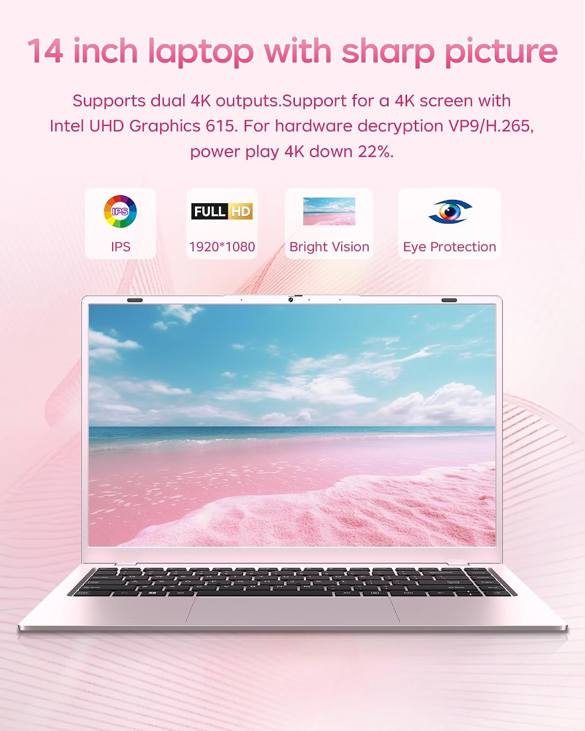 2026 Pink Laptop, Pentium Gold 6500Y Processor(Up to 3.4 GHz),12GB RAM 128GB SSD,15.6 Inch FHD IPS Display, 5000mAh Battery,Type-C,Portable Laptops Computer for Business Office - Image 6