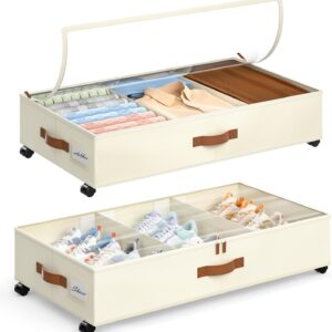 Yecaye Under Bed Storage with Wheels, 2 Pack Under Bed Storage Containers with Adjustable Dividers & Clear Lid, Rolling Underbed Organizer Bins Drawer for Clothes, Shoes, Blankets(30.3 x 16 x 6.7in)