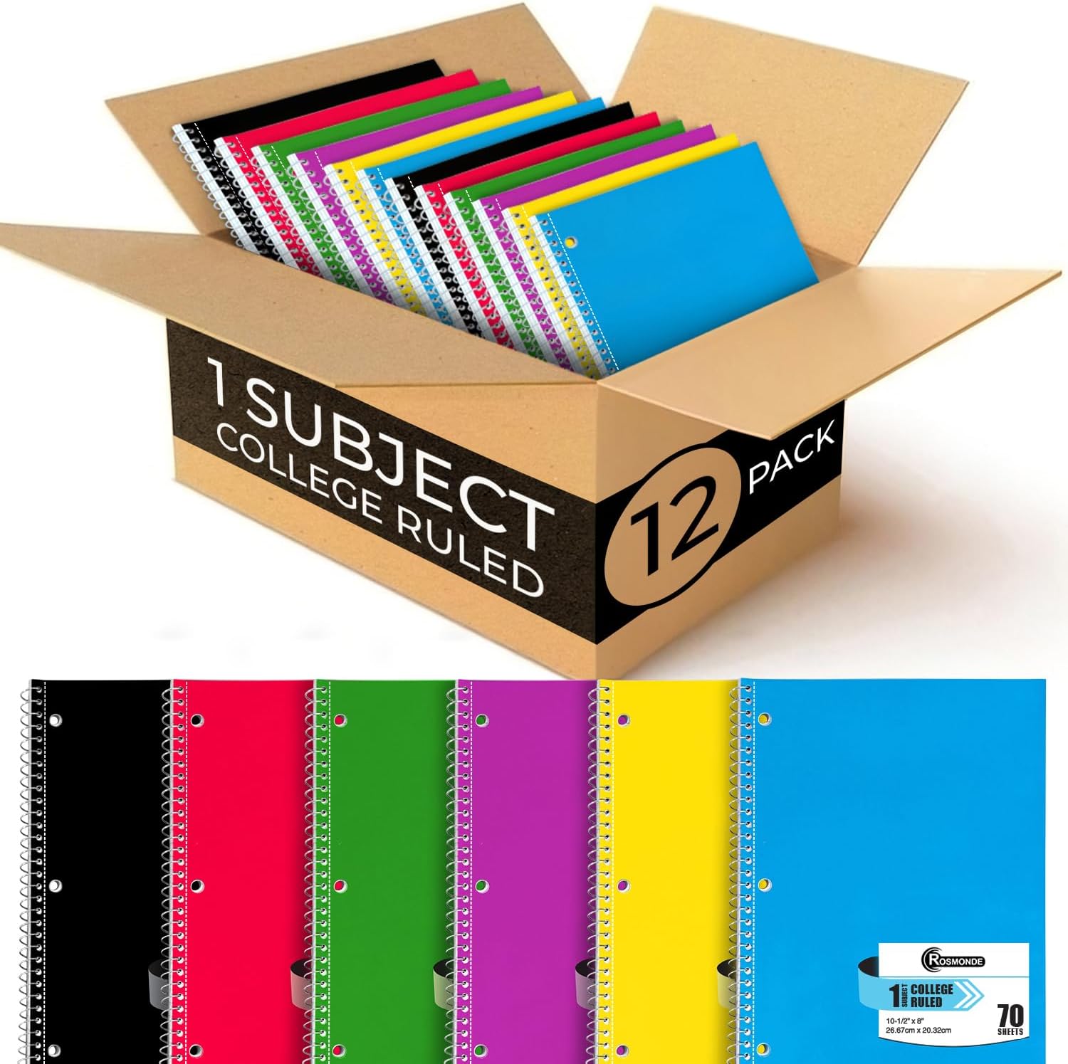 Rosmonde Spiral Notebook, 12 Pack, 1 Subject, College Ruled, 70 Sheets, 8 x 10-1/2", 3 Hole Punched, Bulk College Ruled Notebooks for School, Single Subject Spiral Notebook Bulk, Assorted Colors