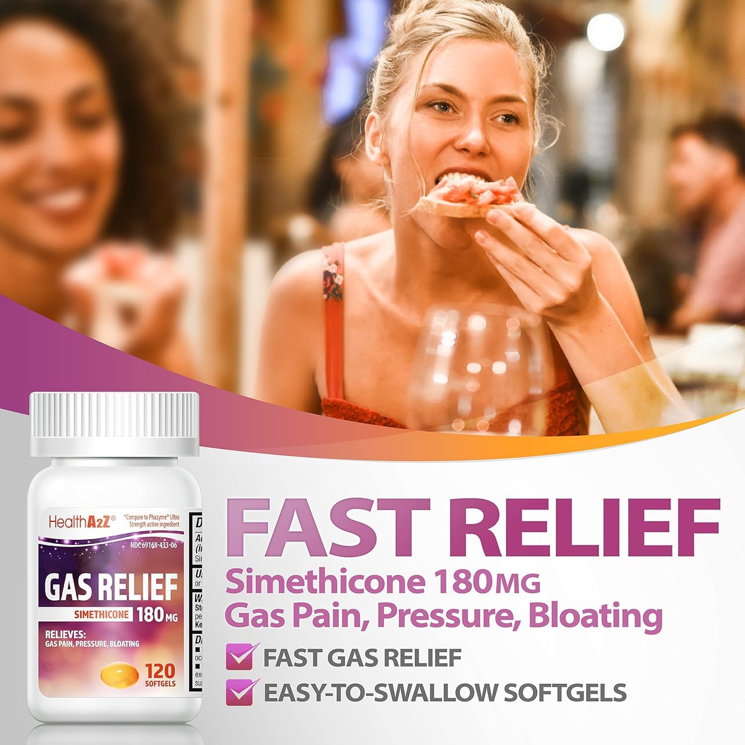 HealthA2Z® Gas Relief, Simethicone 180mg, Fast Acting Gas Relief, Bloating, Pressure, Stomach Discomfort, Anti Flatulence, 120 Softgels - Image 6
