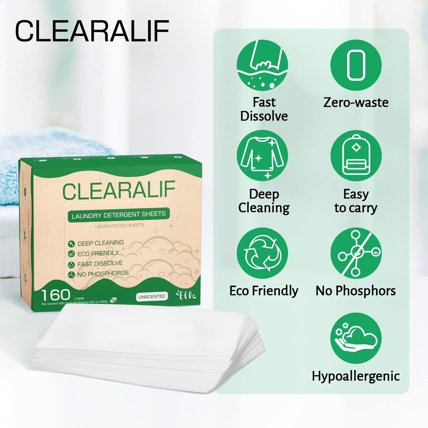 CLEARALIF Laundry Detergent Sheets up to 160 Loads (80sheets), Unscented, Laundry Detergent Strips Eco Friendly & Hypoallergenic - Image 5