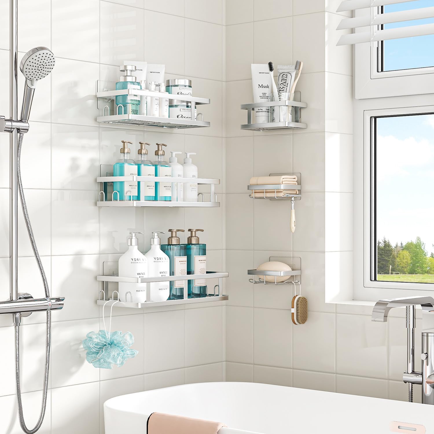 Youvip Shower Caddy 6 Pack, Adhesive Shower Shelves with Soap Holder, No Drilling Rustproof Large Capacity Bathroom Organizers and Storage, Silver - Image 3