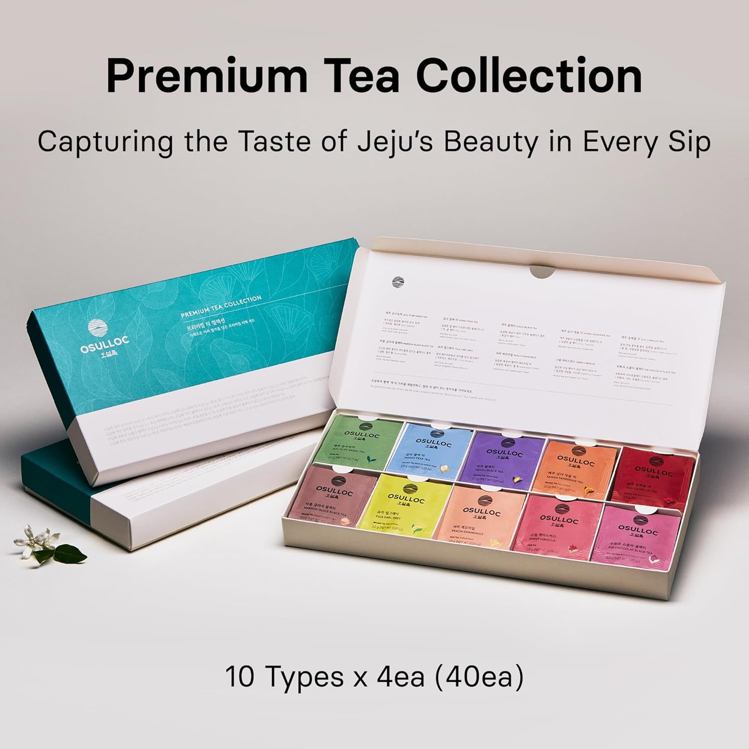 OSULLOC Premium Tea Collection (40 count, 10 flavors x 4 ea), Mothers Day Gifts, Self Care Sampler Gift Box Variety Pack, Premium Organic Pure & Blended Tea from Jeju - Image 3