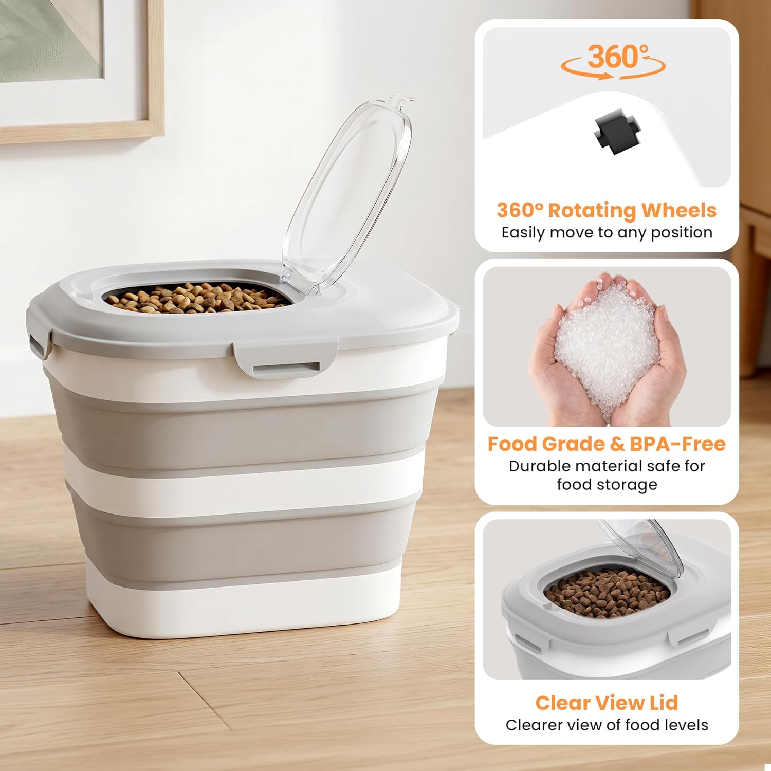 30 Lbs Dog Food Storage Container with Wheels, Collapsible Pet Food Storage Container with Clear Window, Measuring Cup & Scoop, BPA Free Cat Food Container for Rice, Flour, Grain, Bird Seed - Image 8