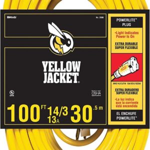 Southwire Yellow Jacket Heavy Duty Extension Cord – Outdoor Power for Tools & Equipment – Lighted End with SJTW Jacket & Three Prong Plug – 100 Foot