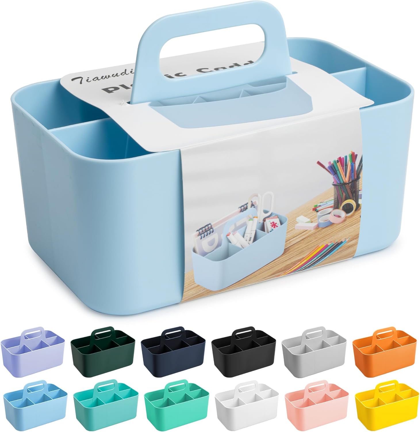 Tiawudi Multipurpose Caddy Organizer, Plastic Caddy with Handle, Stackable Desk Organizer for Stationery, Marker and Pencil, Office Supplies Organizer, Dorm Caddy - Image 2