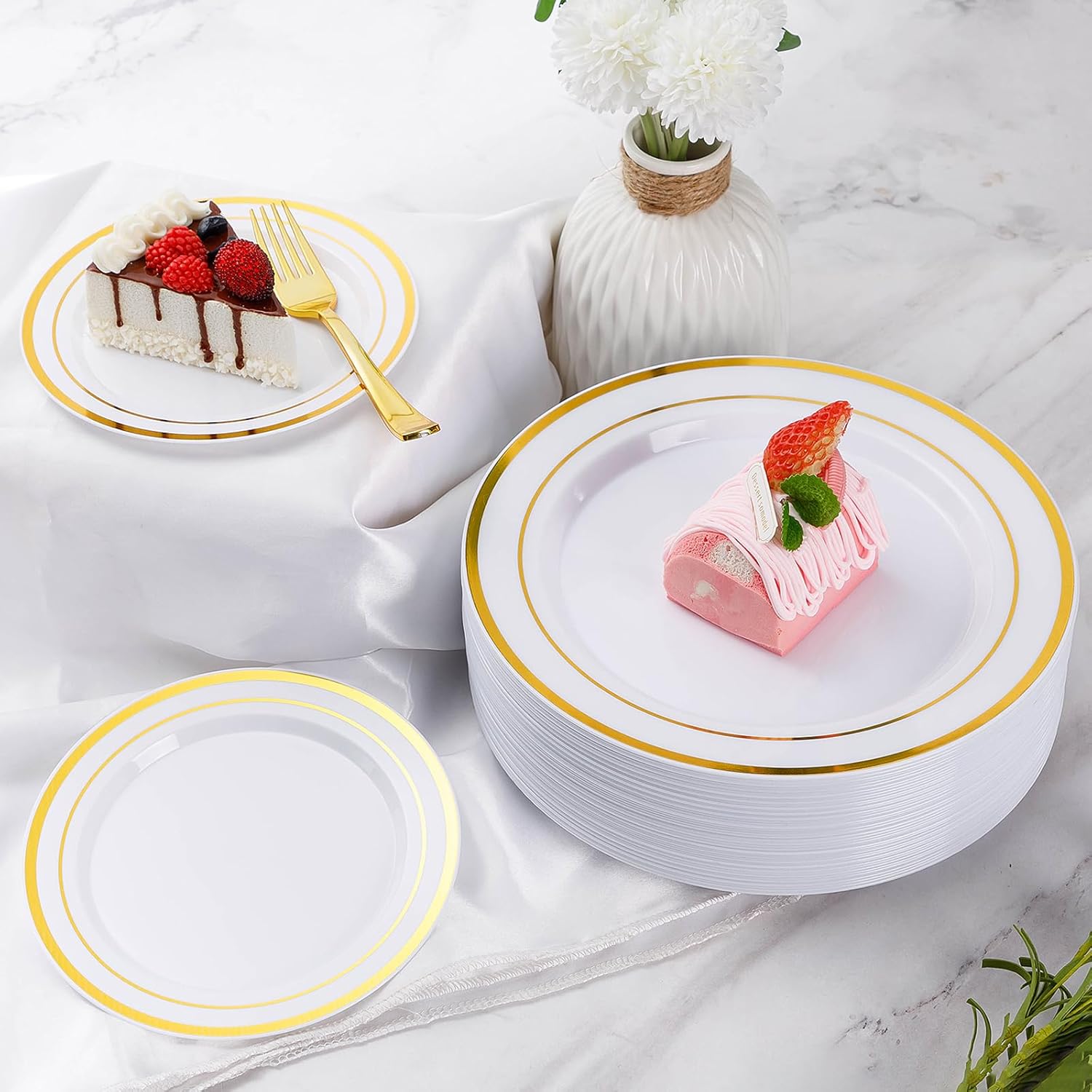 Goodluck 600 Pieces Gold Disposable Plates for 100 Guests, Plastic Plates for Party, Dinnerware Set of 100 Dinner and 100 Dessert Plates, 100 Spoons, 100 Forks, 100 Knives, 100 Cups - Image 7