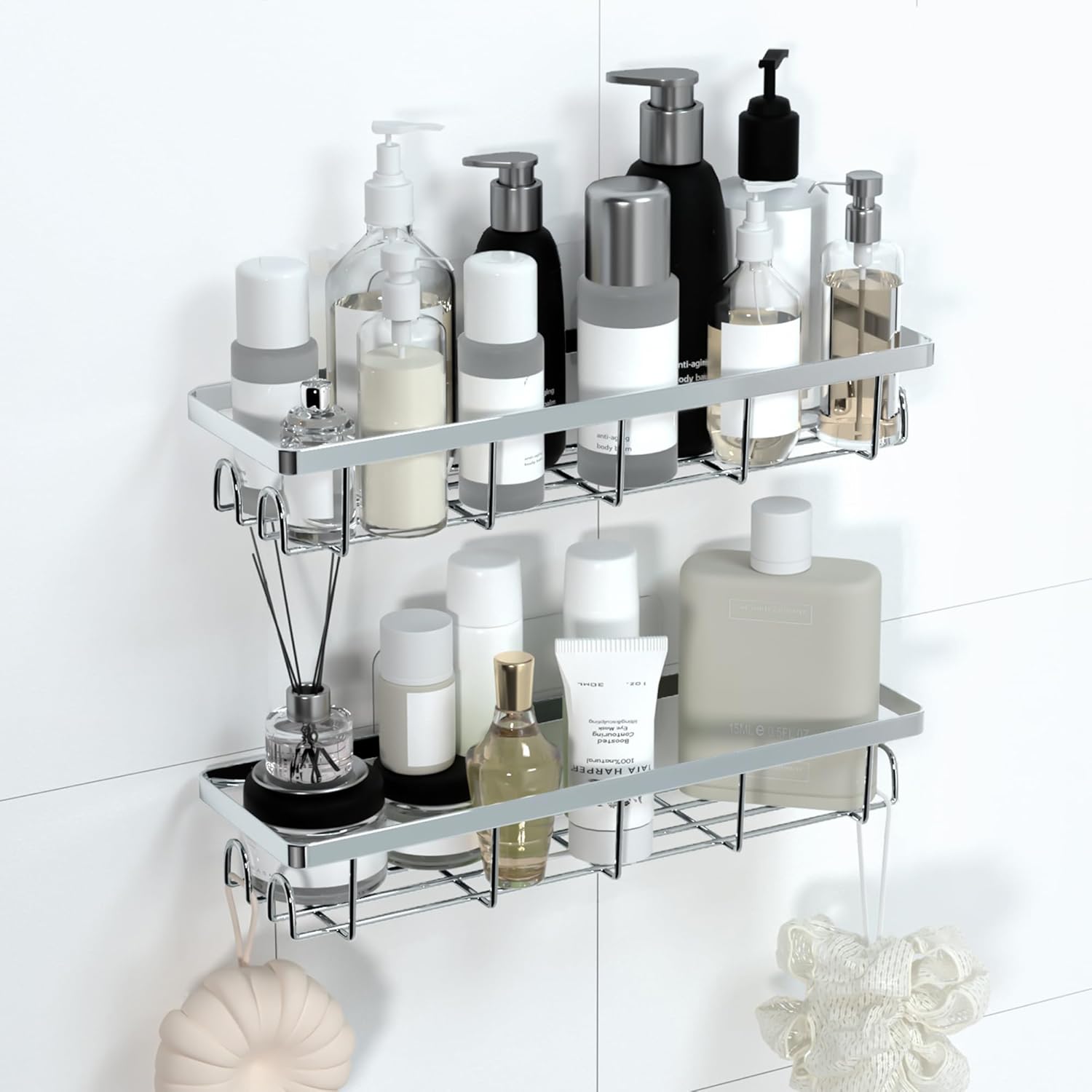 Shower Caddy Organizer with Hooks,Self Adhesive Bathroom Shelves,No Drilling Bathroom Organizers and Storage,Perfect for RV, Apartment, Home Decor,2 Pack Silvery - Image 2