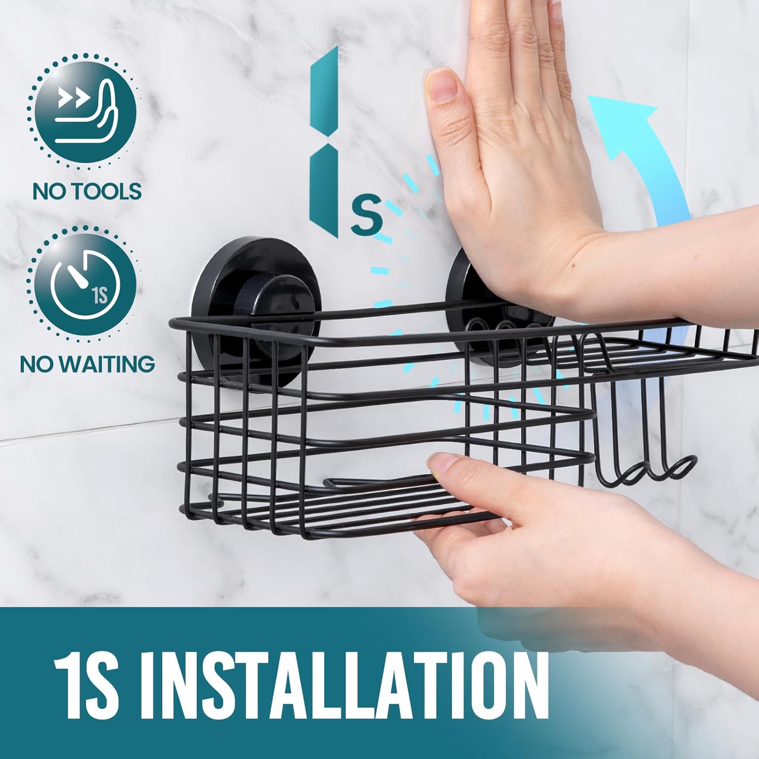 TAILI Shower Caddy Suction Cup with Hooks and Soap holder, Heavy Duty Bathroom Shower Organizer, No Drilling Bathroom Holder with Large Capacity, Metal Black Storage Basket - Image 3