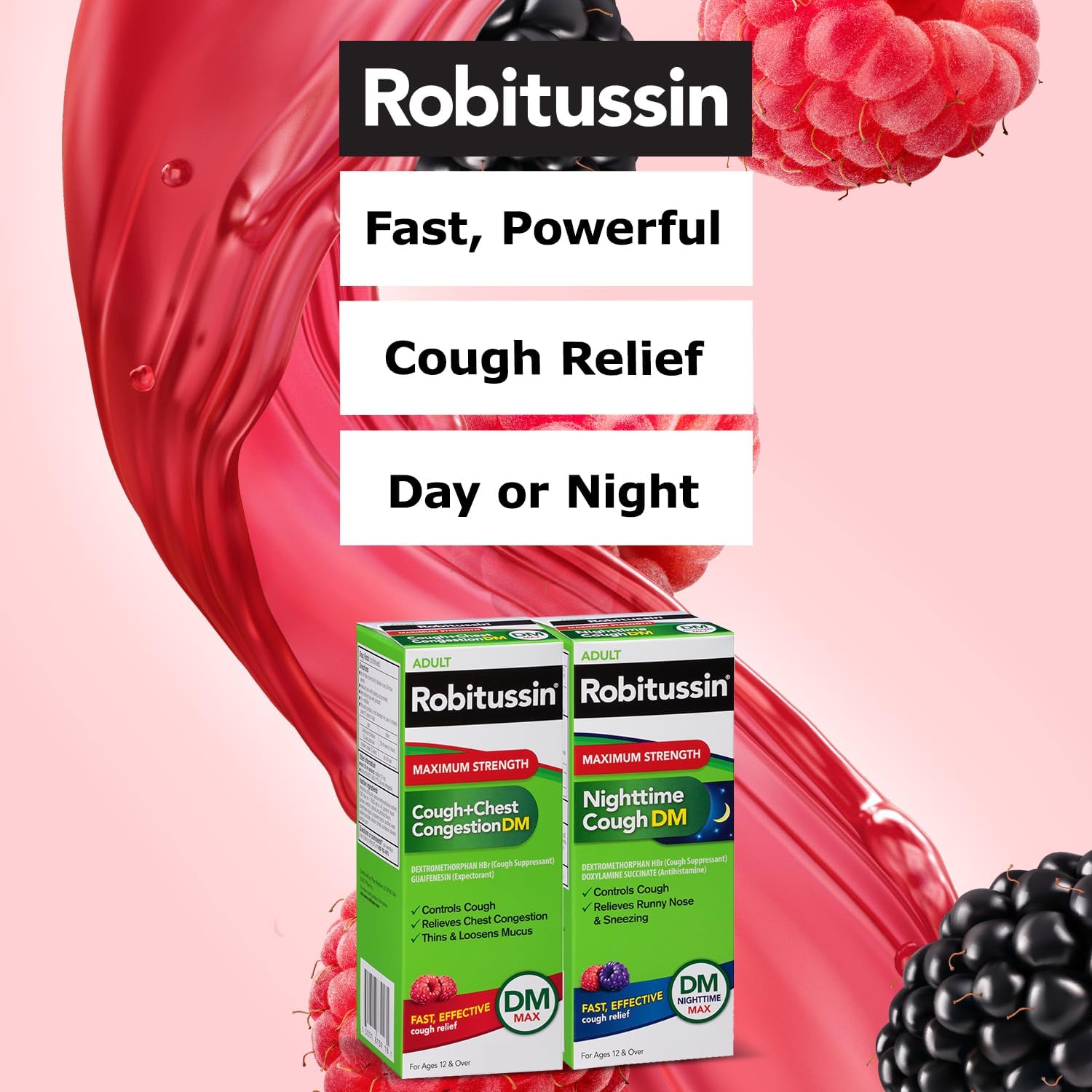 Robitussin Maximum Strength Cough + Chest Congestion DM And Maximum Strength Nighttime Cough DM, Cough Medicine For Adults, Berry Flavor - 4 Fl Oz Bottles (Pack of 2) - Image 3