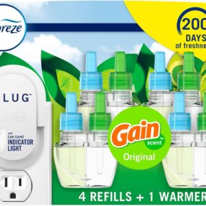 Febreze Plug-In Air Freshener, Odor-Fighting Scented Oil Starter Kit, Air Fresheners for Home, Bathroom and Kitchen, Long Lasting, Gain Original Scent, Warmer + 4 Refill, Multicolor
