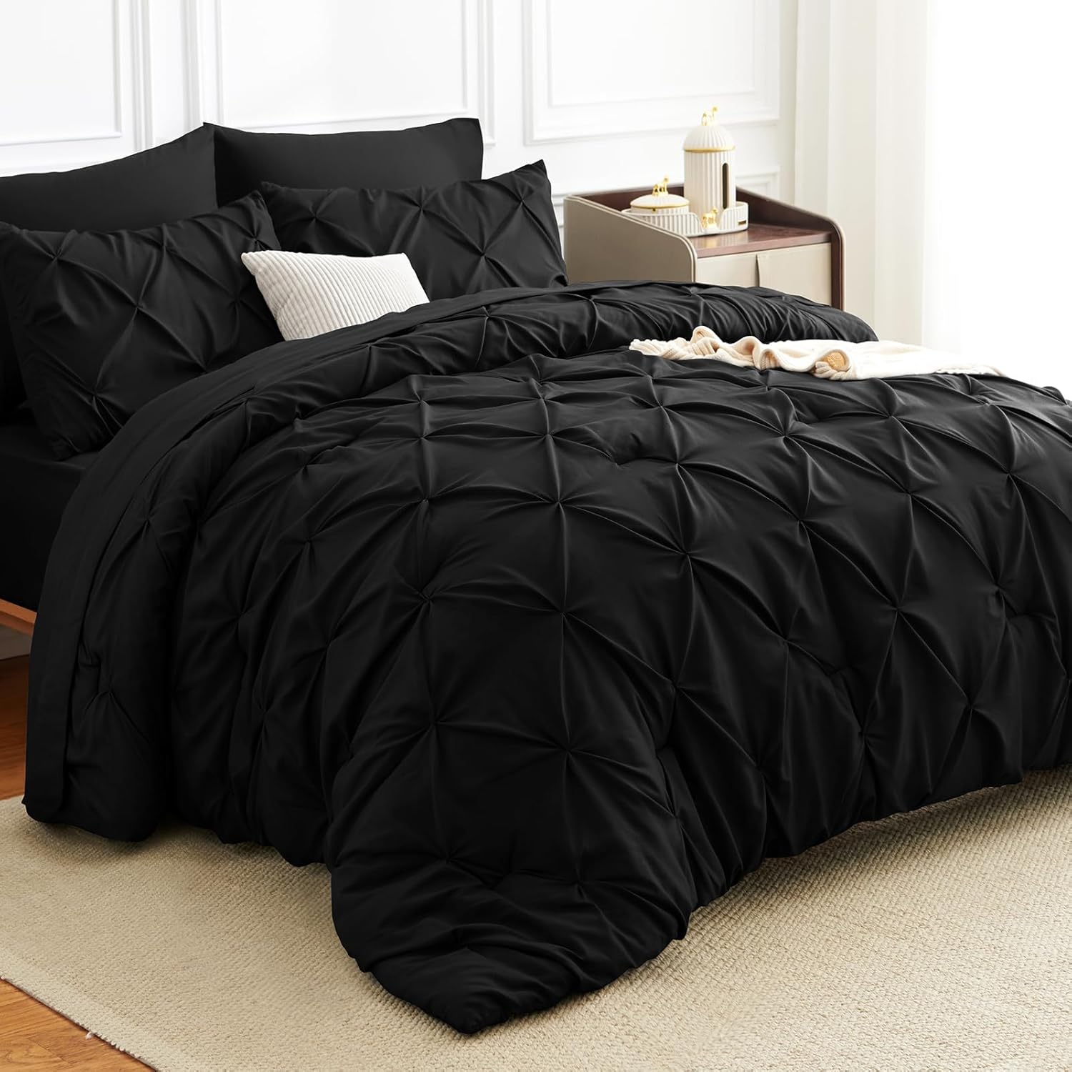 Queen Comforter Set Black - 7 Pieces Pintuck Bed in a Bag, Pinch Pleat Modern Room Decor, All-Season Soft Bedding Gift with Comforter, Sheets, Pillowcases & Shams - Image 2