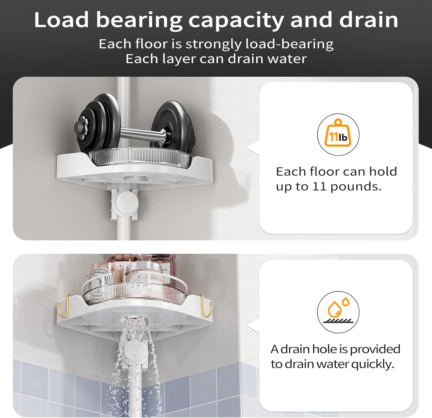 YCIA&DONE 360° Rotating Shower Caddy Tension Pole, 4 Tiers Corner Shower Organizer for Bathroom Shelf Bathtub, Adjustable Standing Shower Rack, Easily Assemble, 34-124 Inch Height, White - Image 5