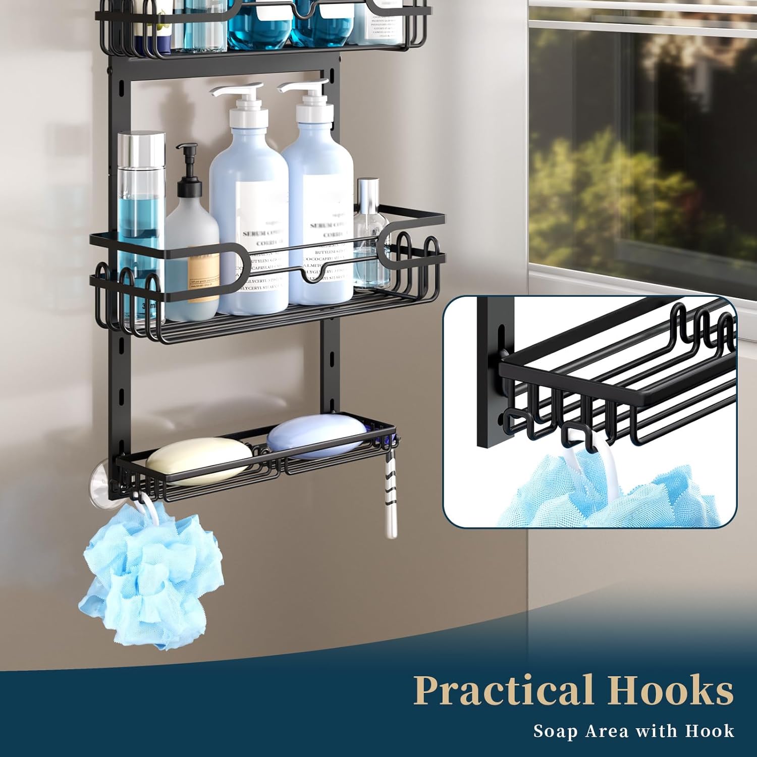 Consumest Over The Door Shower Caddy - 4 Tier Adjustable Hanging Shower Organizer Shelf with 2 Soap Holders & 22 Hooks, Rustproof Easy Installation Hanging Storage Rack for Bathroom, Black - Image 4