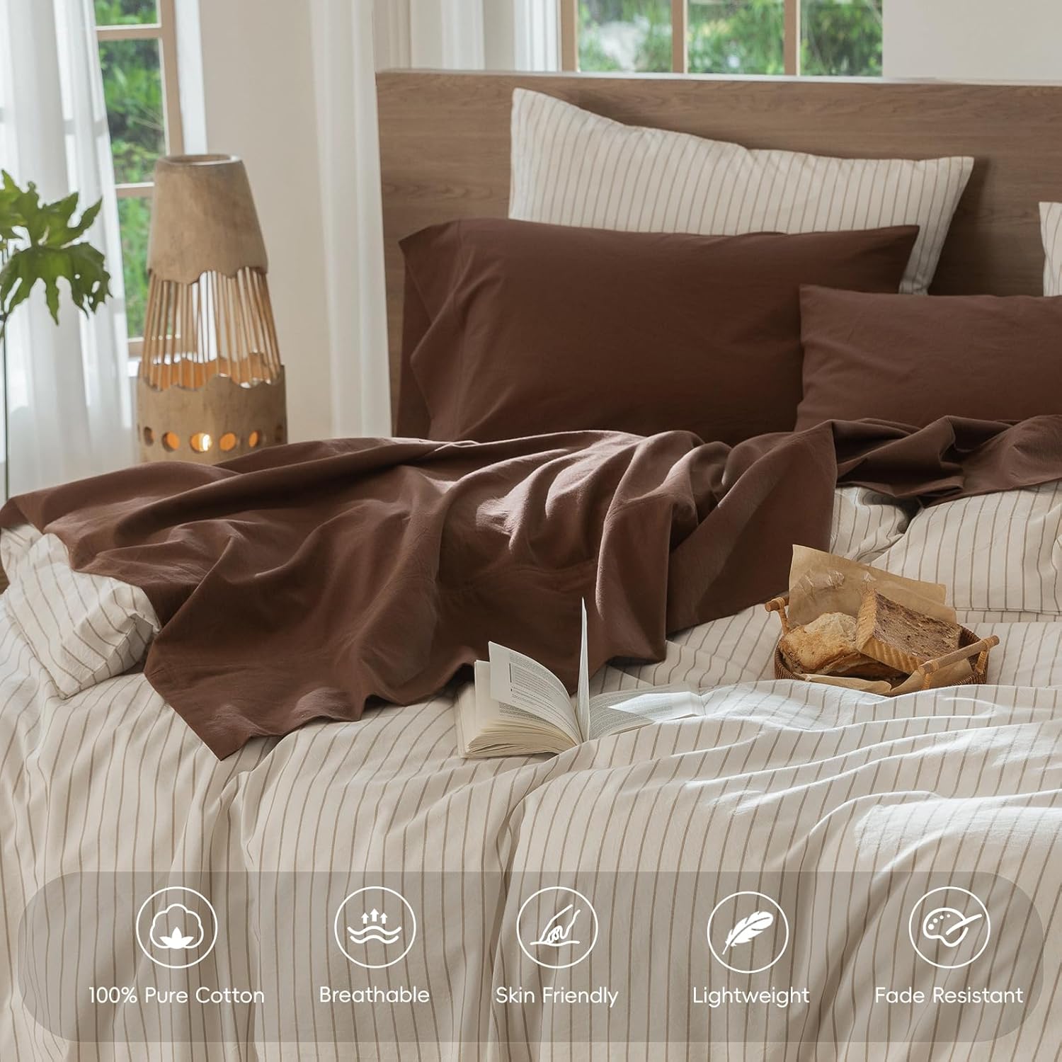 MooMee Bedding Sheet Set 100% Washed Cotton Linen Like Textured Breathable Durable Soft Comfy (Solid Cocoa Brown, King) - Image 5