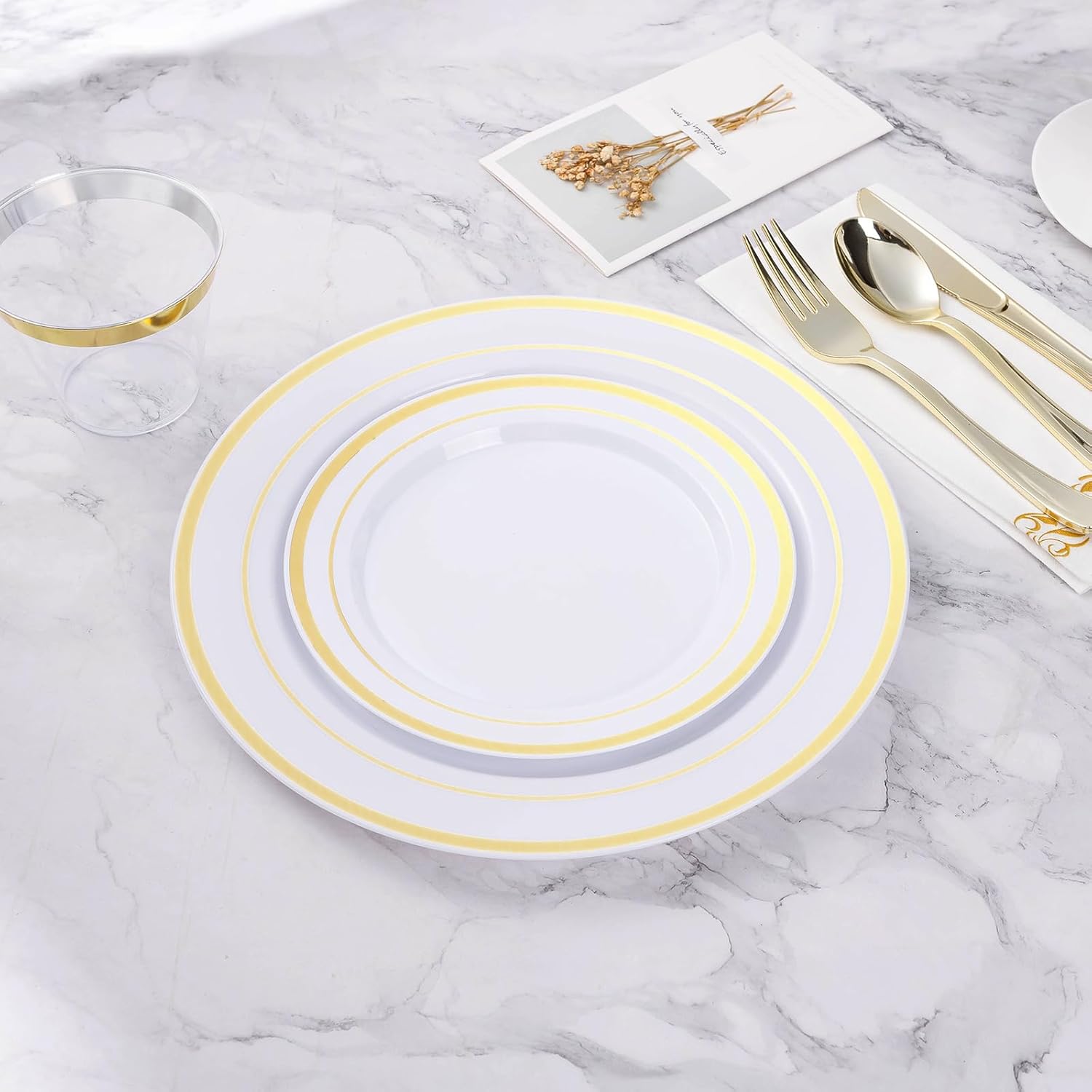 BESTVIP 200PCS Gold Plastic Plate, Disposable Party Plates with 100 Dinner Plates and 100 Dessert Plates, Plastic Plates for Party, Wedding and Birthday - Image 7