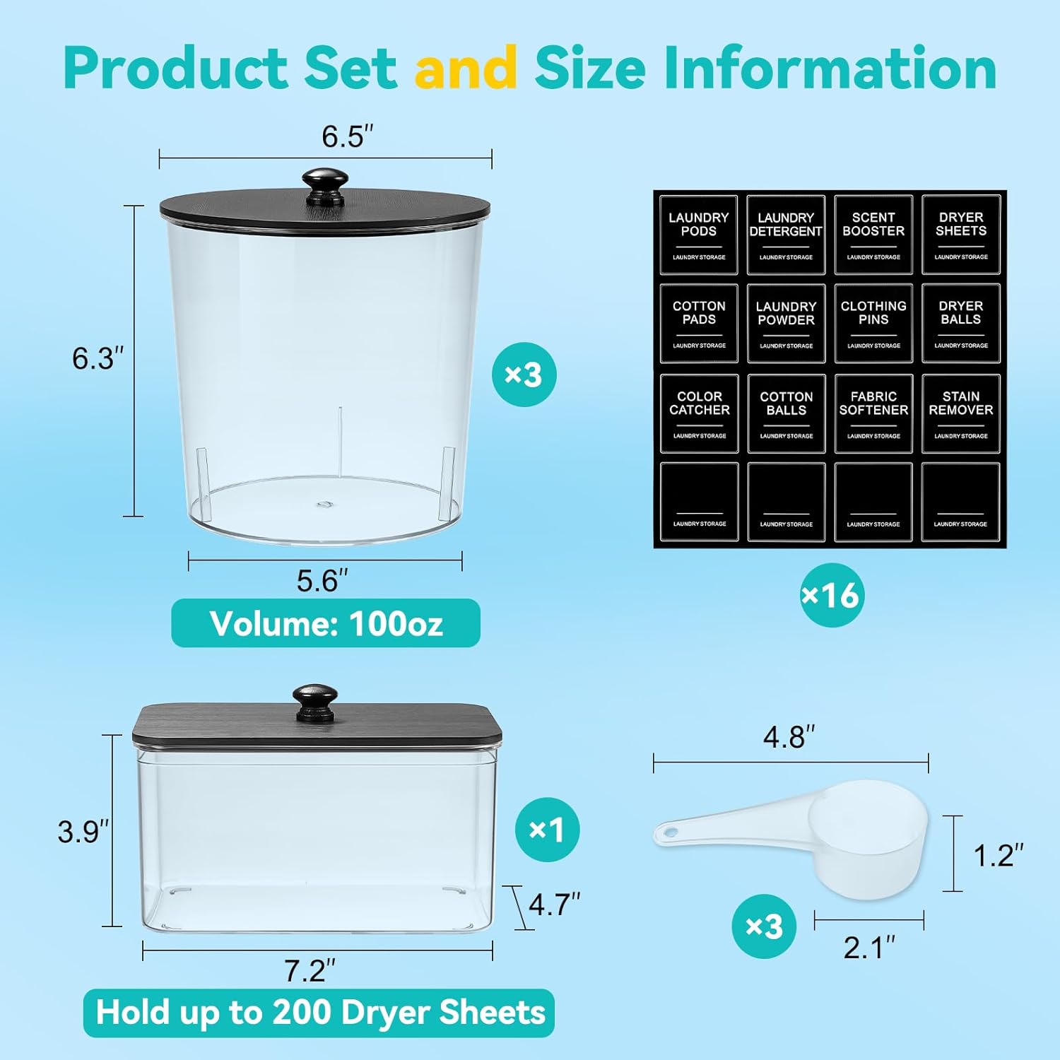 Laundry Pods Container & Dryer Sheet Holder, Laundry Room Organization and Storage Jars with Lids, Labels & Scoops for Powder Detergent Scent Booster, Black Lid - Image 3