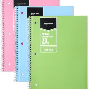 Amazon Basics Wide Ruled Spiral Notebook, For Work and School, 70 Sheets, 8″ x 10.5″, 3 pack, Assorted Pastel Solid Colors