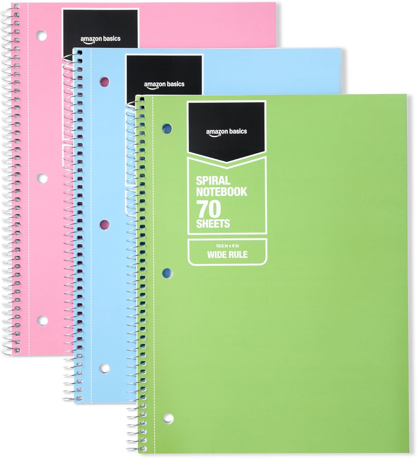 Amazon Basics Wide Ruled Spiral Notebook, For Work and School, 70 Sheets, 8" x 10.5", 3 pack, Assorted Pastel Solid Colors