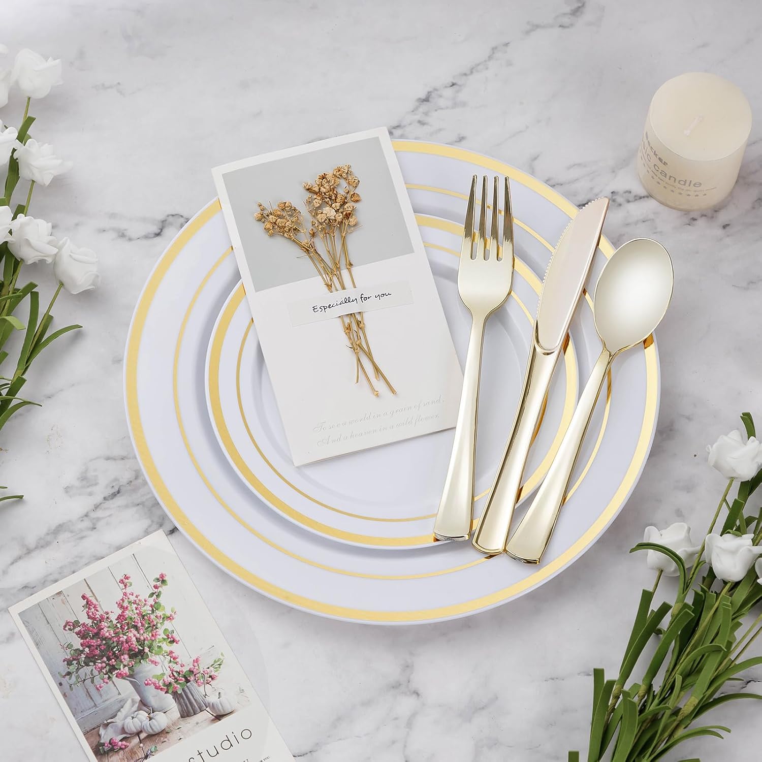 BESTVIP 600PCS Gold Dinnerware Set for 100 Guests, Plastic Plates for Party, 100 Gold Disposable Plates, 100 Dessert Plates, 100 Cups, 100 Spoons, 100 Forks and 100 Knives - Image 5