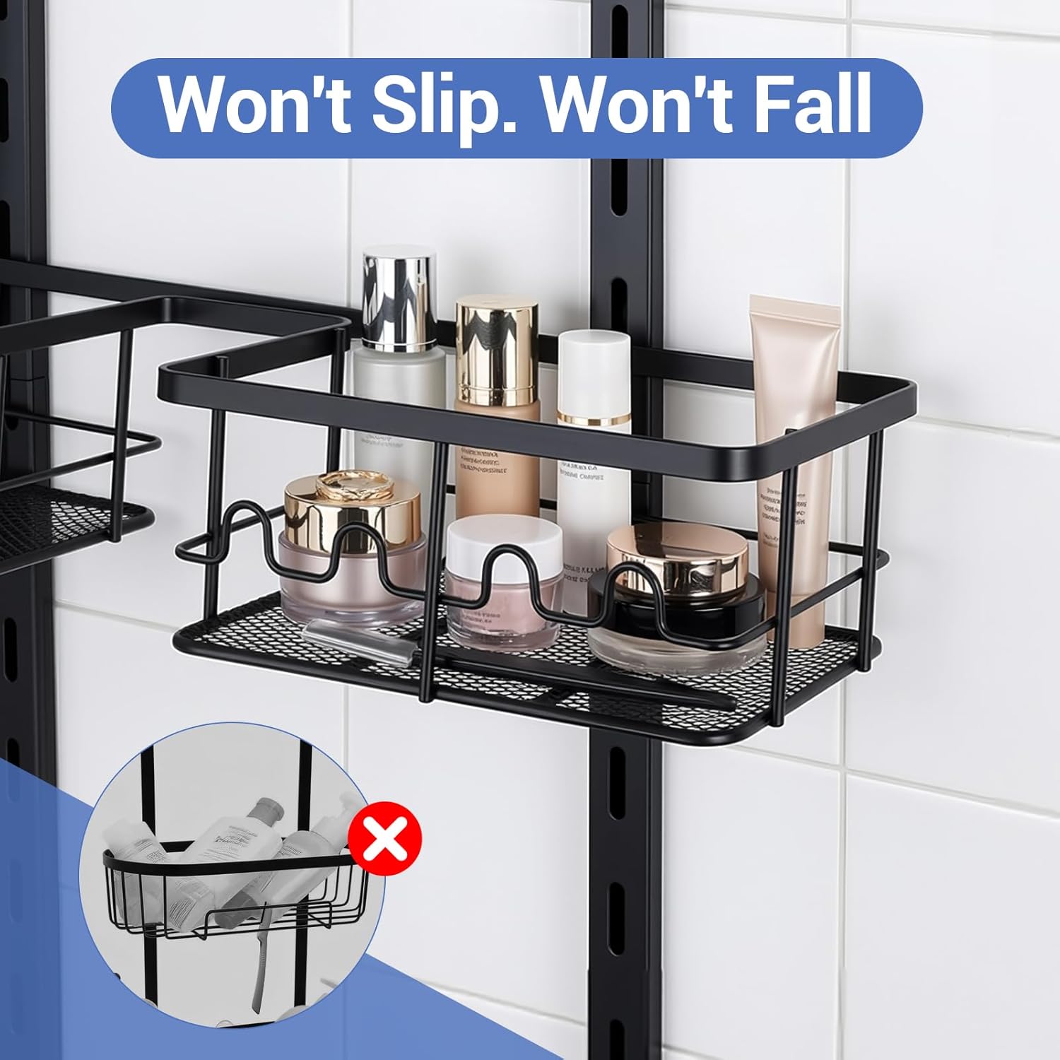 Extra Large Shower Caddy Hanging, Rust-Resistant Shower Organizer Hanging, 3 Tier Height-Adjustable Over the Head Caddy, Rack with Soap Basket (Black) - Image 5