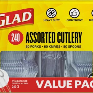 Glad Clear Disposable Cutlery Set with Heavy Duty Plastic Forks, Knives, and Spoons, Reusable Dishwasher Safe Plastic Utensils for Parties and Everyday Use, 240 Count