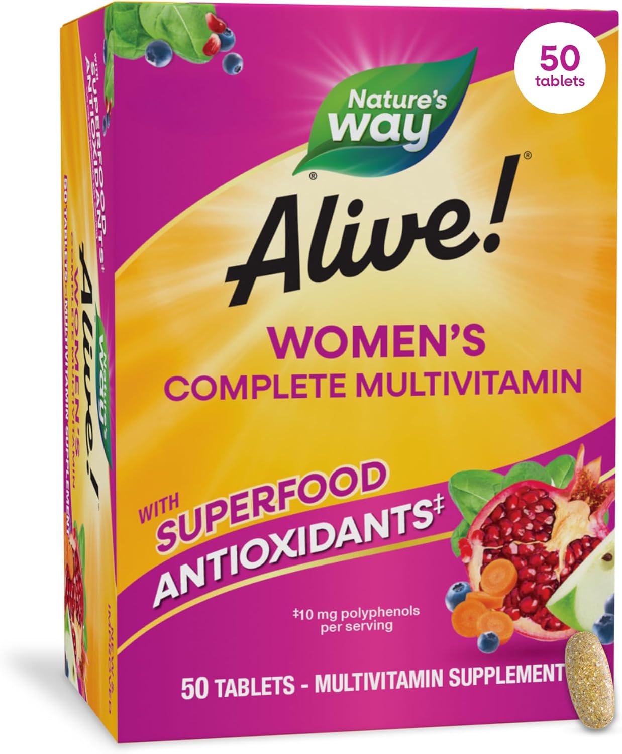 Nature's Way Alive! Complete Multivitamin for Women, Daily Women’s Vitamin Supports Cellular Energy Metabolism, Hair, Skin & Nails*, B-Vitamins, with Superfood Antioxidants, 50 Tablets - Image 2