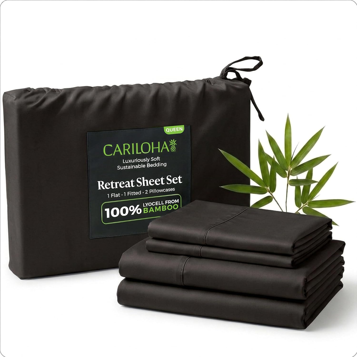 Cariloha Retreat 4-Piece Sateen Sheet Set | Black Sand | Queen | Lyocell Material | Breathable, Corner Straps, Extra Soft & Cooling - Image 2