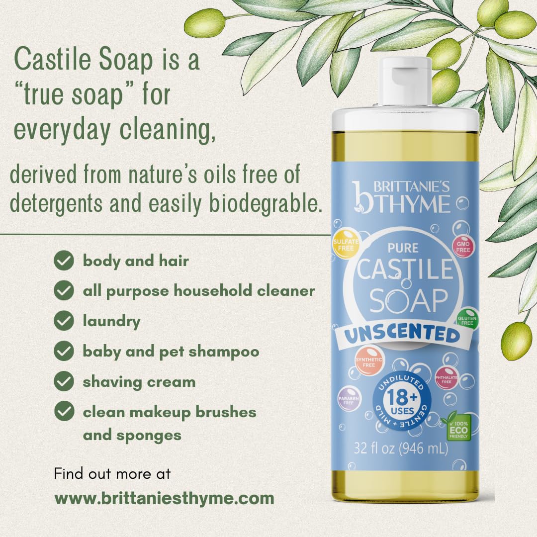 Brittanie’s Pure Castile Liquid Soap Refill, Unscented, 32 Ounce Pack of 2 | Dish Soap, Hair & Body, Home, Gentle and Pure, Made with Natural Luxurious Oils, Vegan & Gluten Free Non-GMO - Image 4