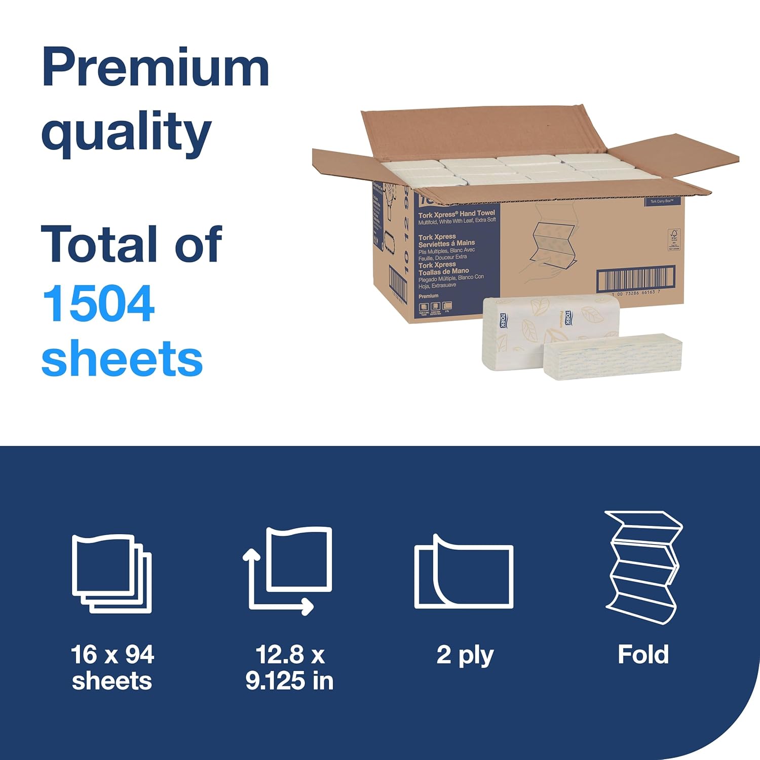 Tork Extra Soft Multifold Hand Towels White with Blue Leaf Print, H2 Dispenser Compatible 16 Packs x 94 Towels (101298) - Image 2