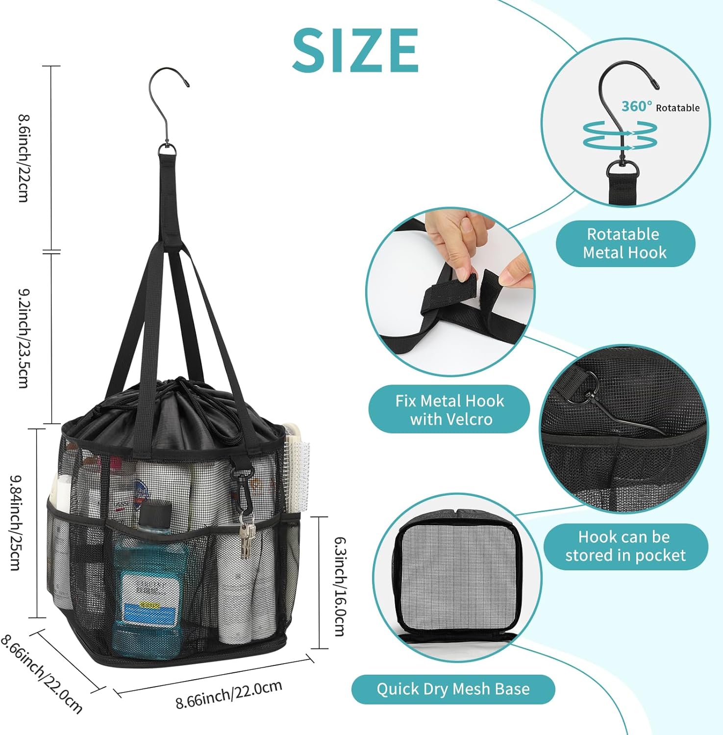 Mesh Shower Caddy Portable for College Dorm Room Essentials, Shower Tote Bag with Hanging Hook and Drawstring, Quick Dry Toiletry Bag with 6 Pockets for Bathroom, Swimming, Gym, Camping, Beach, Travel - Image 6