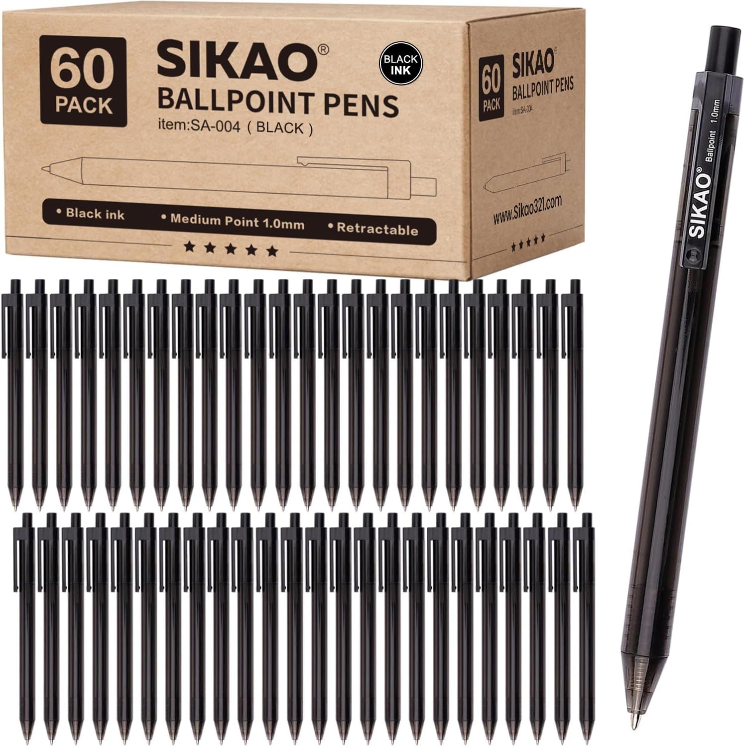 Black Pens Bulk, 60 Pack Retractable Ballpoint Pens Black Ink | Smooth Writing 1.0mm Clear Lines No-Smear, Click Pens for Teachers, Students, Servers, School & Office Supplies - Image 2