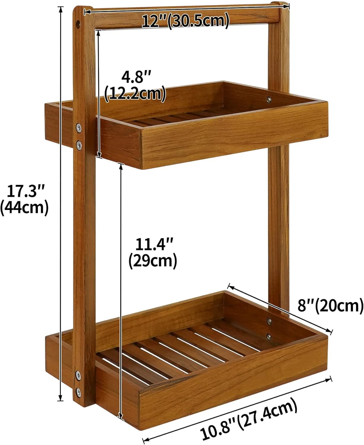 Utoplike Teak Wood Shower Caddy Corner, 2 Tier Bathroom Organizer Countertop, Standing Shower Rack with Handle, Stand Up Shower Basket for Shampoo, Shelf Rack for Inside Shower, Kitchen Desktop - Image 3