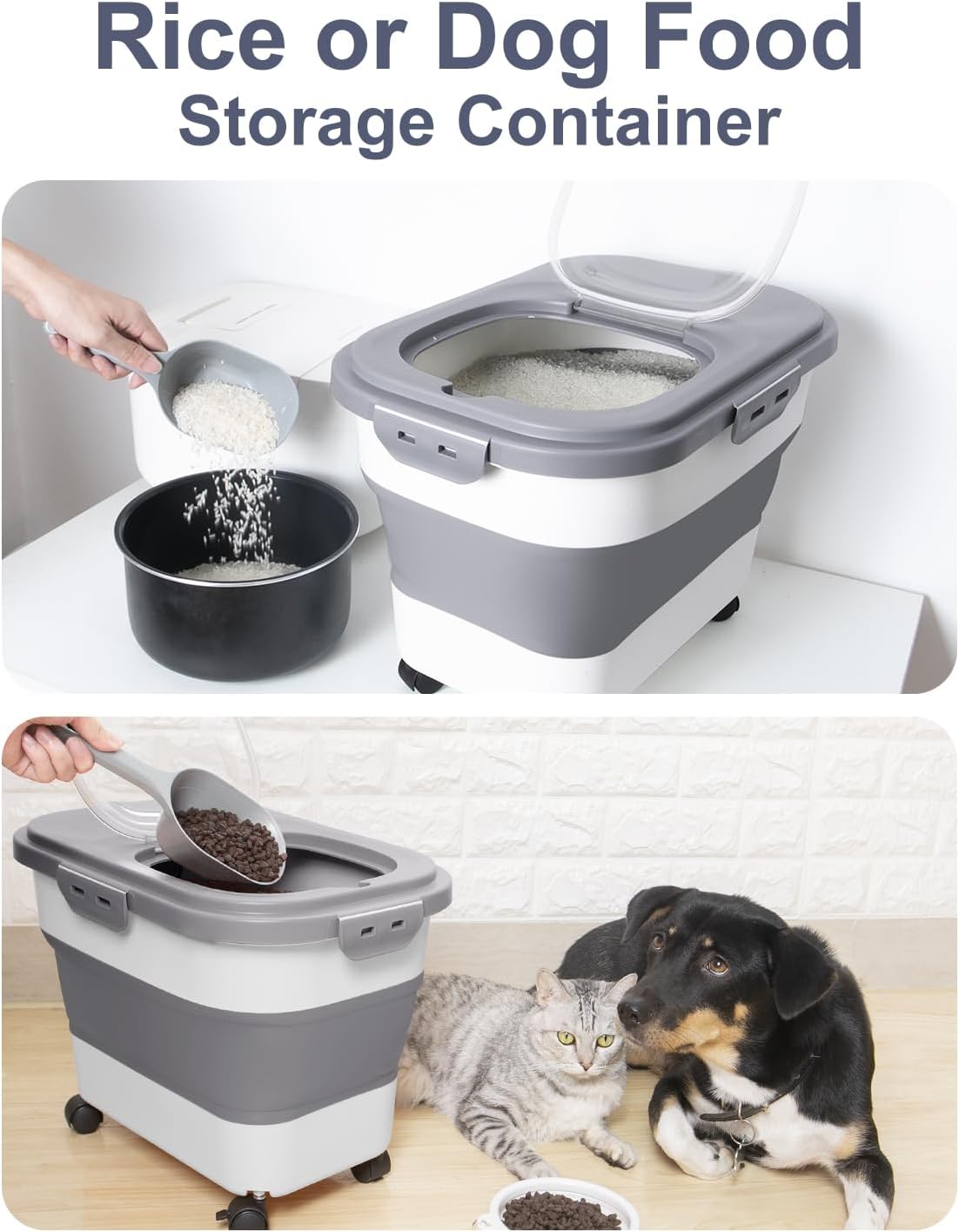 20-30 Lbs Rice Storage Container,Collapsible Food Storage Containers with Rolling Wheel Airtight Locking Lid,Flour Storage Container with Cup and Scoop,Suitable for Food,Rice,Pet Food,Flour - Image 7