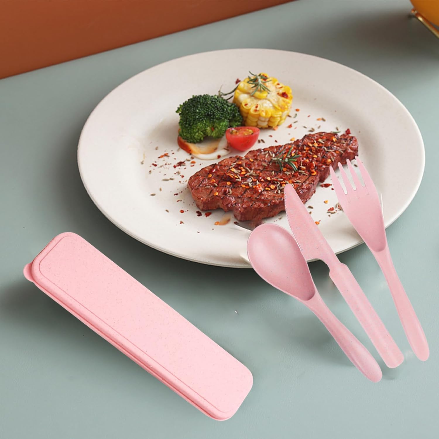 Reusable Travel Utensil Set, Plastic Fork Spoon Knife with Case, BPA-Free Portable Cutlery for Camping, Picnic & Office (Pink) - Image 5