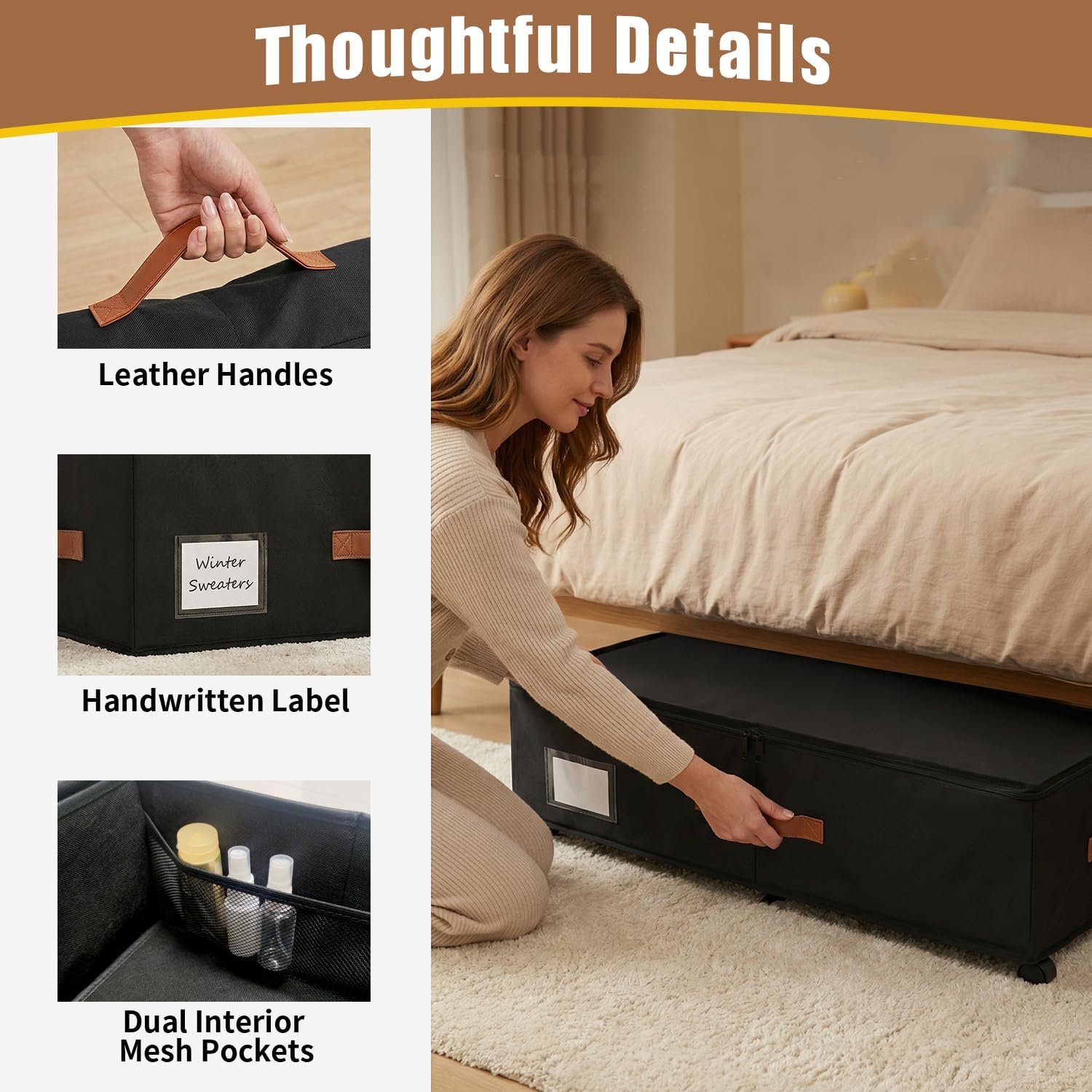 Under Bed Storage Containers with Wheels 2-Pack , 9.5" Tall Underbed Storage Drawers Organizer Bins for Clothes Shoes Toys Wrapping Paper with Extra Interior Pockets, Easy Pull-out, Heavy-duty - Image 5
