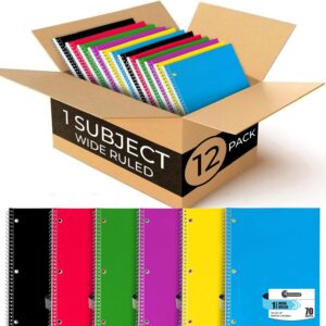 Rosmonde Spiral Notebooks, 12 Pack, 1 Subject Notebook, Wide Ruled, 70 Sheets, 8 x 10-1/2″, 3 Hole Punched, School Supplies, Bulk Single Subject Spiral Notebook Bulk, Assorted Colors Pack of Notebooks