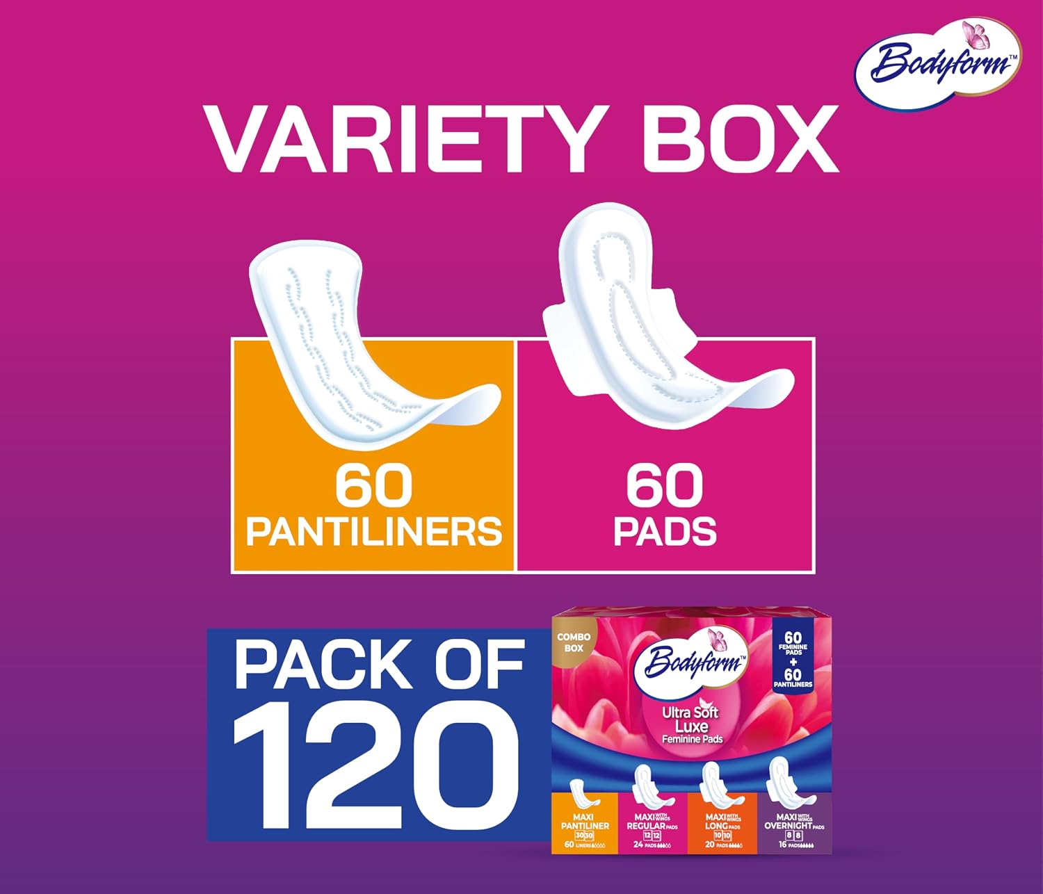 Bodyform Luxe Feminine Pads and Pantyliners Combo – 120 Count (60 Pads + 60 Liners), Ultra-Soft, Super Absorbent, Leak Protection, Daily Comfort & Freshness - Image 5