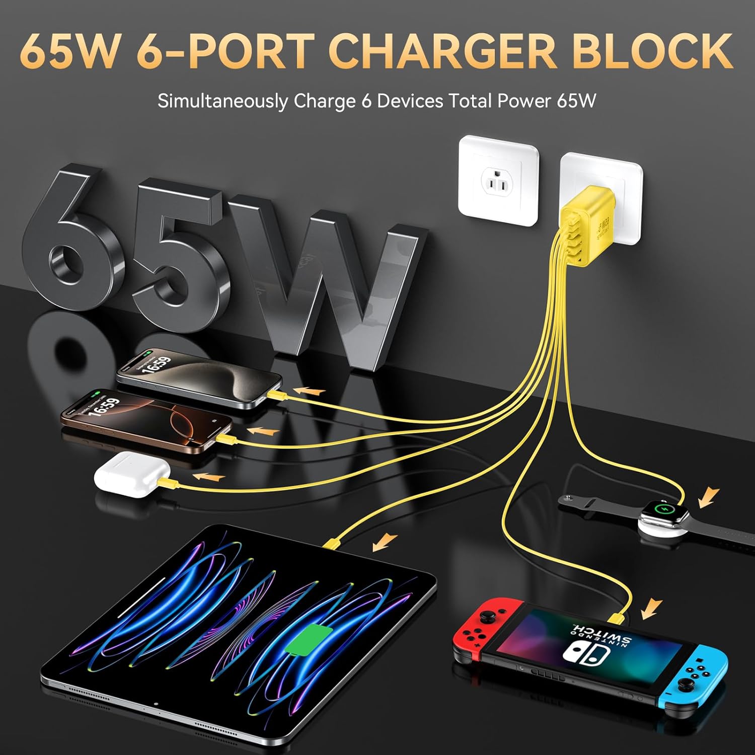 USB C Fast Charger Block, iPhone Charger Fast Charging Blocks 65W Multi Port Charger 6-Ports PD & QC Charging Cube Brick Power Adapter Type C Wall Chargers for iPhone 17/16/15/14/13/12 Pro Max, iPad - Image 4