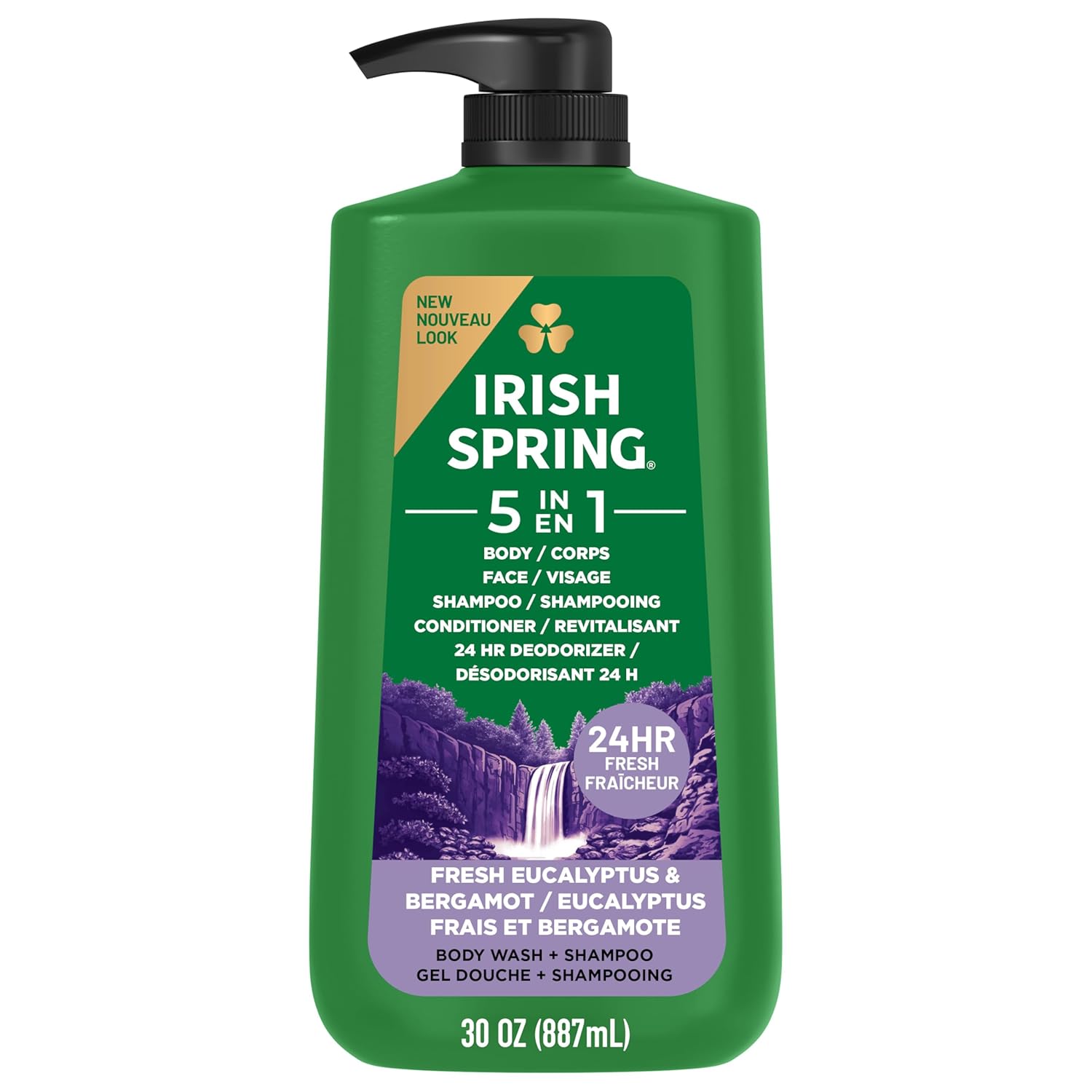 Irish Spring 5 in 1 Moisturizing Body Wash for Men, Shampoo, Conditioner, Body and Face Wash, and 24 Hour Deodorizer, Paraben-Free, Fresh Eucalyptus & Bergamot Scent, 30 fl oz - Packaging may vary - Image 2