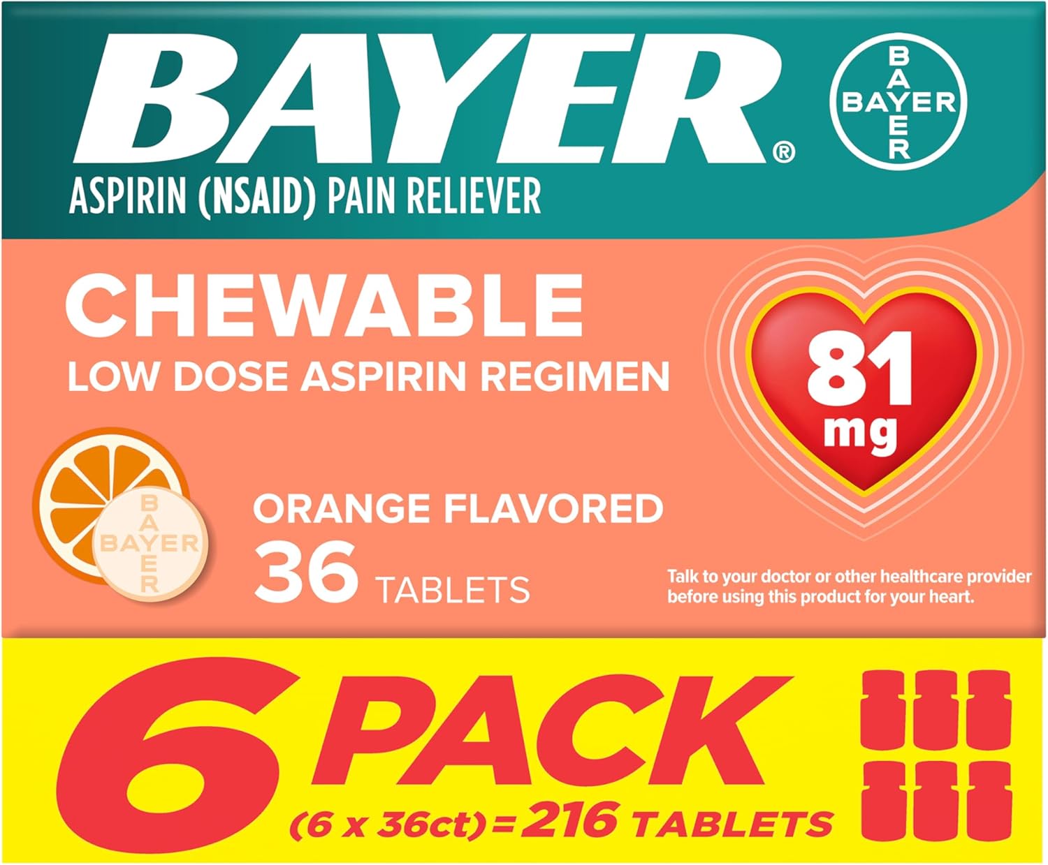 Bayer Aspirin Low Dose 81 mg Chewable Tablets, Pain Reliever, Orange Flavored, 216 Tablets (6 Pack) - Image 2