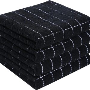 Homaxy 100% Cotton Terry Kitchen Towels(Black, 13 x 28 inches), Checkered Designed, Soft and Super Absorbent Dish Towels, 4 Pack