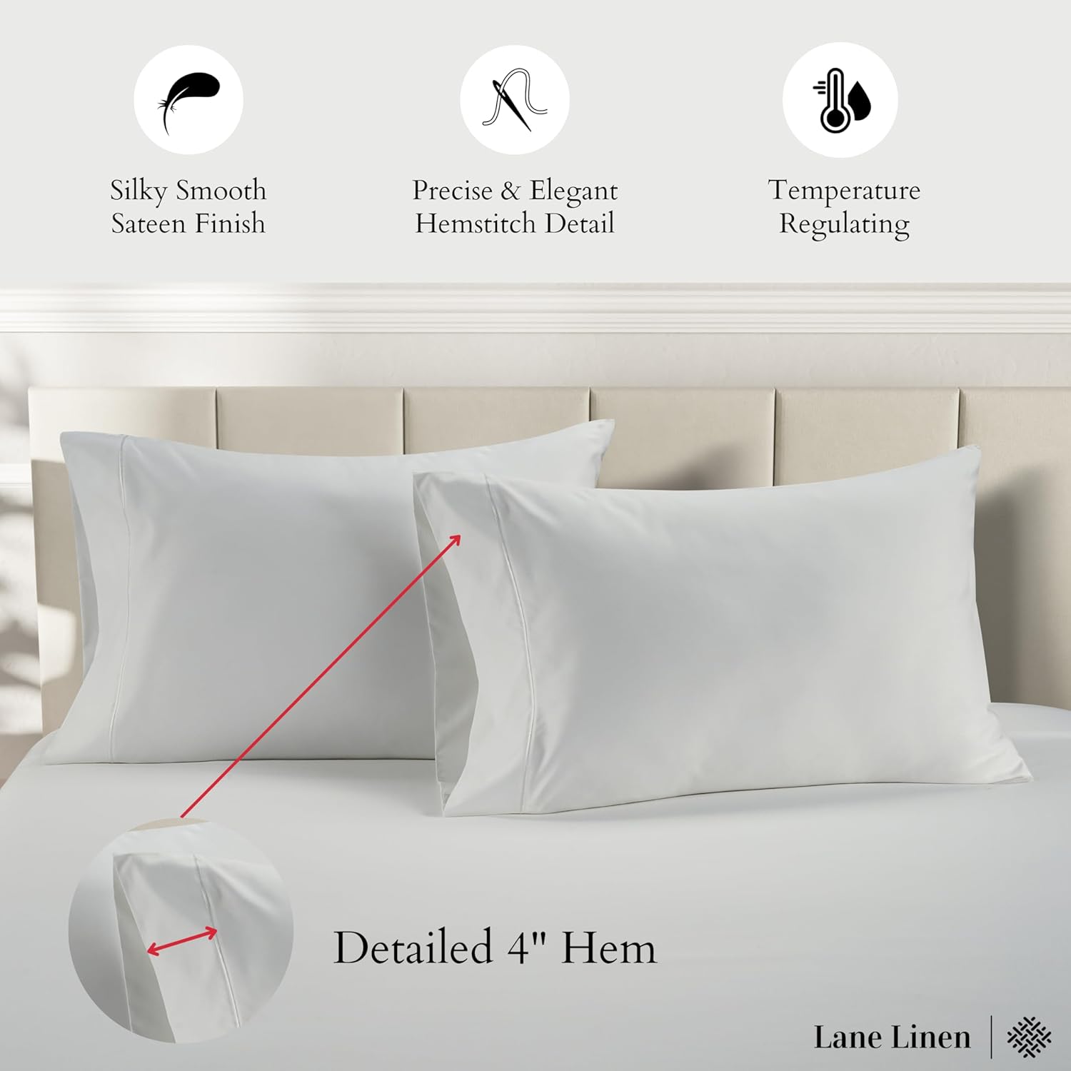 LANE LINEN 100% Egyptian Cotton Pillow Cases Queen Size Set of 2 (20"x30") - Pillowcases Queen Size - Soft Queen Pillow Case - White Pillowcase Pack of 2 - Image 3
