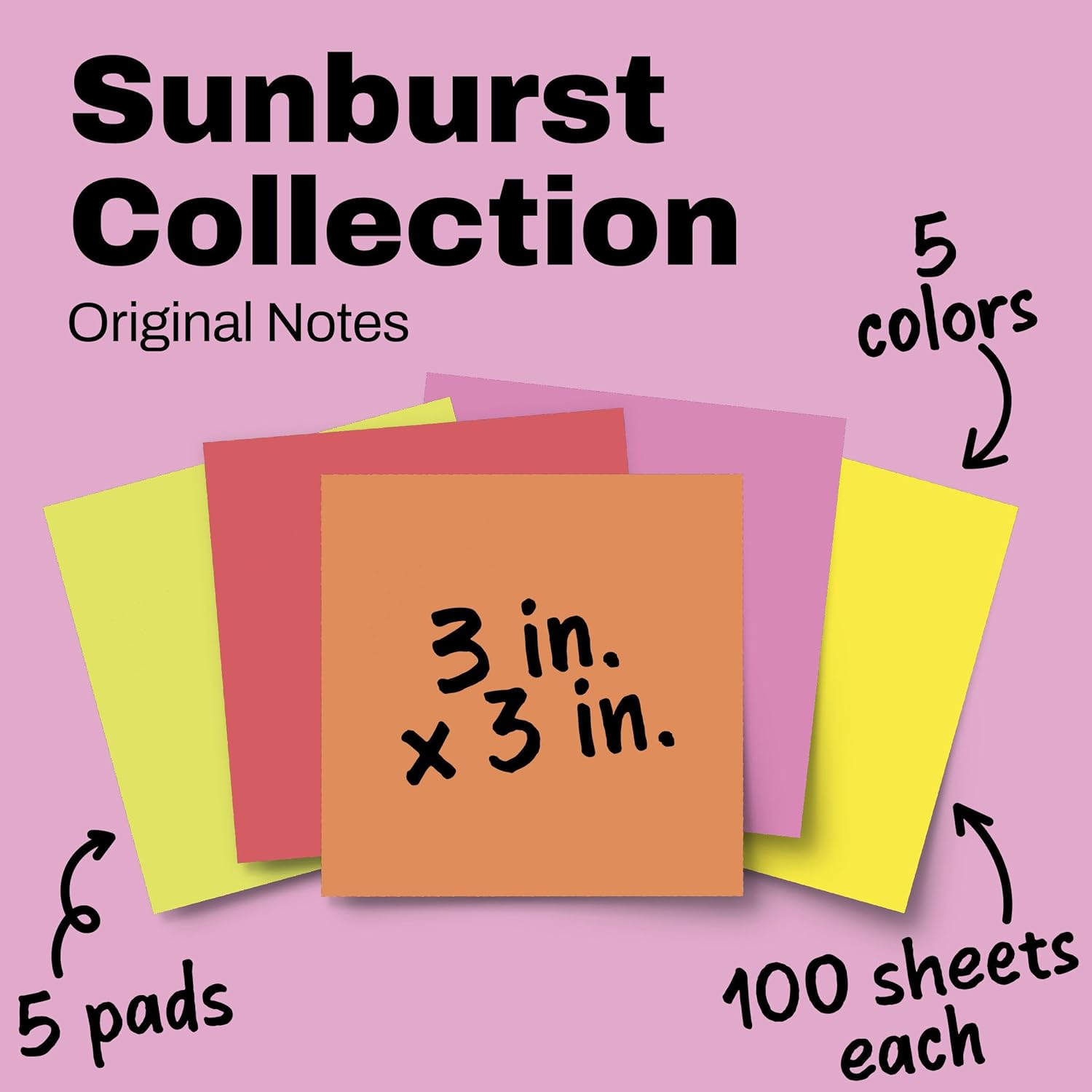Post-it Notes, 5 Sticky Notes Pads, 3 x 3 in., School Supplies and Office Supplies, Sunburst Collection - Image 3