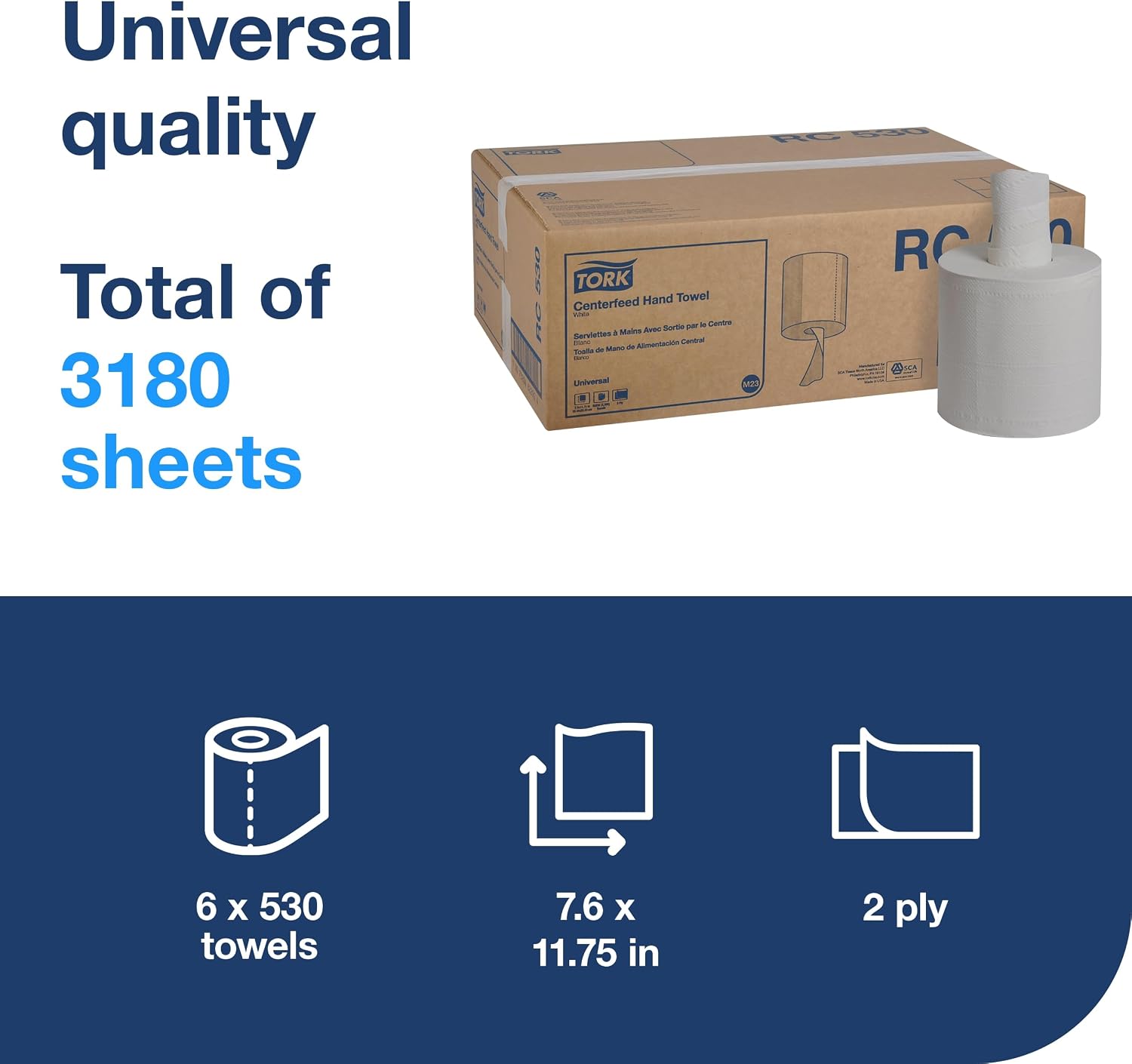 Tork Centerfeed Hand Towel White M23, One-at-a-time Dispensing, 6 x 530 Towels, RC530 - Image 2